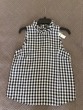 J. Crew Black and White Gingham Ruffle Mock Neck Sleeveless Blouse